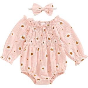 imageKuriozud Baby Girl Halloween OutfitsLinen Pumpkin Onesie Long Sleeve Ruffle Romper Bow Headband Newborn Infant Fall ClothesPink