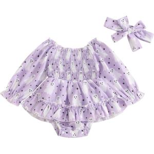 imageKuriozud Baby Girl Halloween OutfitsLinen Pumpkin Onesie Long Sleeve Ruffle Romper Bow Headband Newborn Infant Fall ClothesPurple