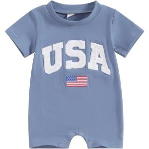 imageKuriozud Newborn Baby Boy Girl 4th of July Outfit American Flag Embroidery Short Sleeve Romper Jumpsuit Spring Summer ClothesAmerican Flag Blue