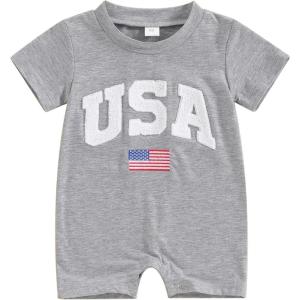 imageKuriozud Newborn Baby Boy Girl 4th of July Outfit American Flag Embroidery Short Sleeve Romper Jumpsuit Spring Summer ClothesAmerican Flag Grey