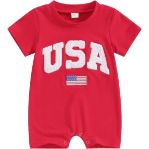 imageKuriozud Newborn Baby Boy Girl 4th of July Outfit American Flag Embroidery Short Sleeve Romper Jumpsuit Spring Summer ClothesAmerican Flag Red