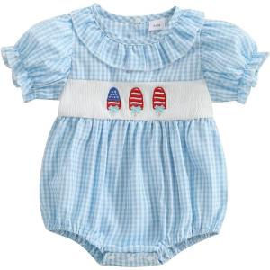 imageKuriozud Newborn Baby Girl 4th of July Outfit American Flag Bubble Romper Jumpsuit Infant Girl Fourth of July Summer ClothesIce Cream Plaid Blue