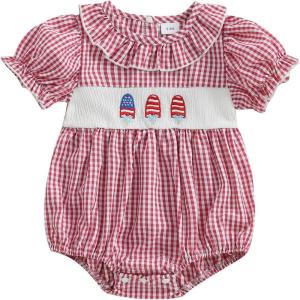 imageKuriozud Newborn Baby Girl 4th of July Outfit American Flag Bubble Romper Jumpsuit Infant Girl Fourth of July Summer ClothesIce Cream Plaid Red