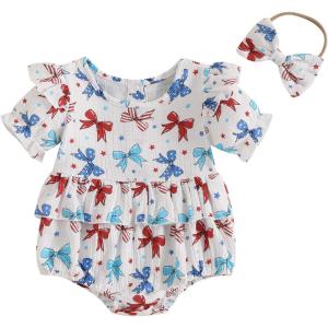 imageKuriozud Newborn Baby Girl 4th of July Outfit American Flag Bubble Romper Jumpsuit Infant Girl Fourth of July Summer ClothesRed White and Blue Bow