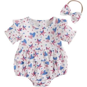 imageKuriozud Newborn Baby Girl 4th of July Outfit American Flag Bubble Romper Jumpsuit Infant Girl Fourth of July Summer ClothesRed White and Blue Star