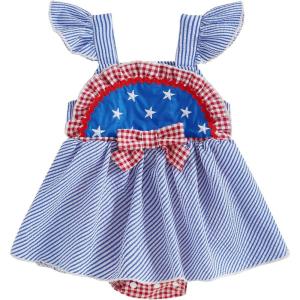imageKuriozud Newborn Baby Girl 4th of July Outfit Ruffle Bubble Romper Dress Jumpsuit Infant Girl Fourth of July Summer ClothesColor Block Blue