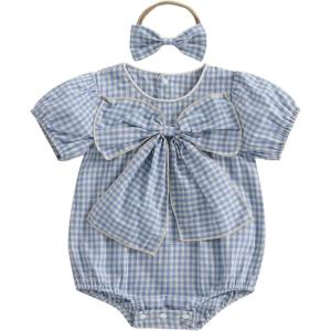 imageKuriozud Newborn Baby Girl Clothes Bow Bubble Romper Short Sleeve Jumpsuit Cute Baby Girl Outfit Summer ClothingPlaid Blue