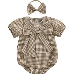 imageKuriozud Newborn Baby Girl Clothes Bow Bubble Romper Short Sleeve Jumpsuit Cute Baby Girl Outfit Summer ClothingPlaid Khaki