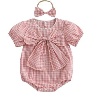 imageKuriozud Newborn Baby Girl Clothes Bow Bubble Romper Short Sleeve Jumpsuit Cute Baby Girl Outfit Summer ClothingPlaid Pink