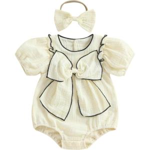 imageKuriozud Newborn Baby Girl Clothes Bow Bubble Romper Short Sleeve Jumpsuit Cute Baby Girl Outfit Summer ClothingSolid Apricot