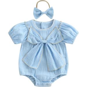 imageKuriozud Newborn Baby Girl Clothes Bow Bubble Romper Short Sleeve Jumpsuit Cute Baby Girl Outfit Summer ClothingSolid Blue