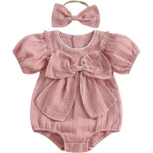imageKuriozud Newborn Baby Girl Clothes Bow Bubble Romper Short Sleeve Jumpsuit Cute Baby Girl Outfit Summer ClothingSolid Pink