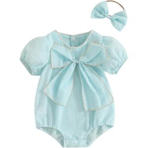 imageKuriozud Newborn Baby Girl Clothes Bow Bubble Romper Short Sleeve Jumpsuit Cute Baby Girl Outfit Summer ClothingStriped Blue