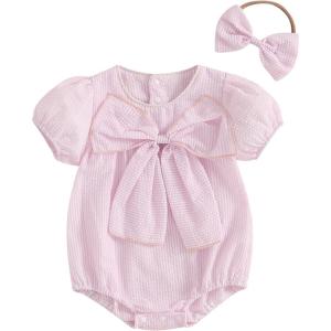 imageKuriozud Newborn Baby Girl Clothes Bow Bubble Romper Short Sleeve Jumpsuit Cute Baby Girl Outfit Summer ClothingStriped Pink