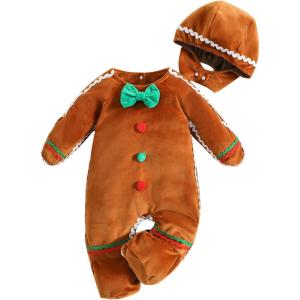 imageKuriozud Toddler Baby Gingerbread Man Rompers Casual Long Sleeve Footed Jumpsuit and Cute Hat for Newborn Girl BoyBrown