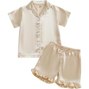 imageKuriozud Toddler Baby Girl Boy 4th of July Satin Pajamas Kids Summer Pjs Set Short Sleeve Button Down Nightwear SleepwearDdbeige