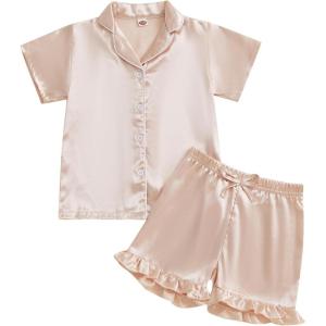 imageKuriozud Toddler Baby Girl Boy 4th of July Satin Pajamas Kids Summer Pjs Set Short Sleeve Button Down Nightwear SleepwearPink