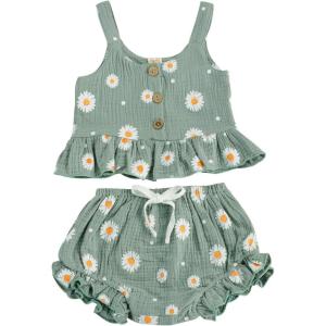 imageKuriozud Toddler Baby Girl Ruffle Vest Halter Top  Shorts with Bowknot 2 Piece Summer OutfitsDaisy Green