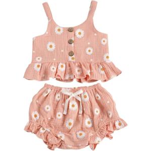 imageKuriozud Toddler Baby Girl Ruffle Vest Halter Top  Shorts with Bowknot 2 Piece Summer OutfitsDaisy Pink