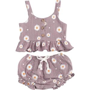 imageKuriozud Toddler Baby Girl Ruffle Vest Halter Top  Shorts with Bowknot 2 Piece Summer OutfitsDaisy Purple
