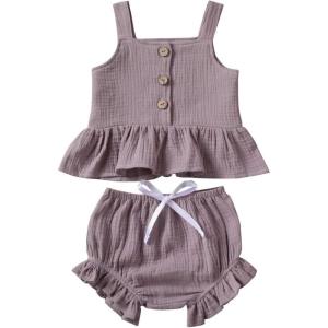 imageKuriozud Toddler Baby Girl Ruffle Vest Halter Top  Shorts with Bowknot 2 Piece Summer OutfitsLight Purple