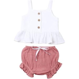 imageKuriozud Toddler Baby Girl Ruffle Vest Halter Top  Shorts with Bowknot 2 Piece Summer OutfitsWhite Vest  Pink Shorts