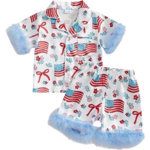 imageKuriozud Toddler Girl Pajamas 4th Of July Baby Silk Satin Nightgown Girls Fourth Of July Pjs Button Down 2Pcs Pajamas SetAmerican Flag Bow White