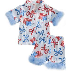 imageKuriozud Toddler Girl Pajamas 4th Of July Baby Silk Satin Nightgown Girls Fourth Of July Pjs Button Down 2Pcs Pajamas SetBow Print Light Blue