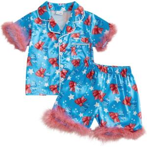imageKuriozud Toddler Girl Pajamas 4th Of July Baby Silk Satin Nightgown Girls Fourth Of July Pjs Button Down 2Pcs Pajamas SetBow Stars Blue
