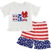 imageKuriozud 4th of July Outfit Baby Toddler Girl Embroidery Ruffled Trim Short Sleeve TShirt and Star Striped Shorts 2 Pcs SetJuly Usabow a