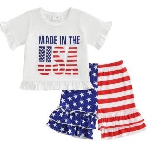 imageKuriozud 4th of July Outfit Baby Toddler Girl Embroidery Ruffled Trim Short Sleeve TShirt and Star Striped Shorts 2 Pcs SetJuly Made in the Usa