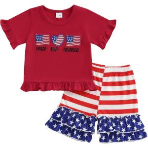 imageKuriozud 4th of July Outfit Baby Toddler Girl Embroidery Ruffled Trim Short Sleeve TShirt and Star Striped Shorts 2 Pcs SetJuly Peace Love America