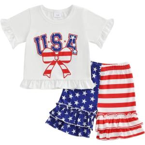 imageKuriozud 4th of July Outfit Baby Toddler Girl Embroidery Ruffled Trim Short Sleeve TShirt and Star Striped Shorts 2 Pcs SetJuly Usabow