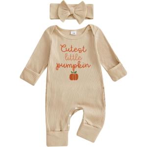 imageKuriozud 4th of July Outfits Baby Girl Footie Onesie Romper Newborn Preemie Girl Ruffle Pajamas Pjs Infant Girl Fall ClothesHalloween Beige