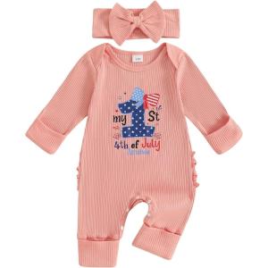 imageKuriozud 4th of July Outfits Baby Girl Footie Onesie Romper Newborn Preemie Girl Ruffle Pajamas Pjs Infant Girl Fall ClothesMy 1st 4th of July