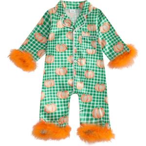 imageKuriozud Baby Girl Silk Pajamas Feather Cuffs Romper Stain OnePiece Jumpsuit Pjs Lapel Button Down NightgownHalloween Green