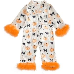 imageKuriozud Baby Girl Silk Pajamas Feather Cuffs Romper Stain OnePiece Jumpsuit Pjs Lapel Button Down NightgownHalloween Orange
