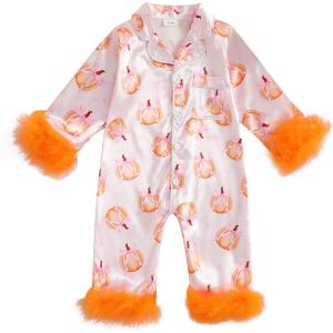 imageKuriozud Baby Girl Silk Pajamas Feather Cuffs Romper Stain OnePiece Jumpsuit Pjs Lapel Button Down NightgownHalloween Pink