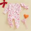 imageKuriozud First Valentines Baby Girl Outfit Newborn Heart Footed Jumpsuit Ruffle Zipper Romper Baby Coming Home OutfitA Bow Heartpink
