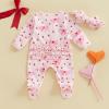 imageKuriozud First Valentines Baby Girl Outfit Newborn Heart Footed Jumpsuit Ruffle Zipper Romper Baby Coming Home OutfitA Bow Heartpink