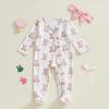 imageKuriozud First Valentines Baby Girl Outfit Newborn Heart Footed Jumpsuit Ruffle Zipper Romper Baby Coming Home OutfitEaster Bunnypink