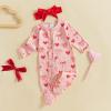 imageKuriozud First Valentines Baby Girl Outfit Newborn Heart Footed Jumpsuit Ruffle Zipper Romper Baby Coming Home OutfitValentines Heart Bownotpink