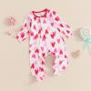 imageKuriozud First Valentines Baby Girl Outfit Newborn Heart Footed Jumpsuit Ruffle Zipper Romper Baby Coming Home OutfitValentines Heartpink