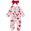 imageKuriozud First Valentines Baby Girl Outfit Newborn Heart Footed Jumpsuit Ruffle Zipper Romper Baby Coming Home OutfitValentines Heart Bowred