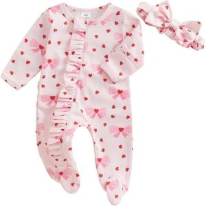 imageKuriozud First Valentines Baby Girl Outfit Newborn Heart Footed Jumpsuit Ruffle Zipper Romper Baby Coming Home OutfitA Bow Heartpink