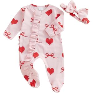 imageKuriozud First Valentines Baby Girl Outfit Newborn Heart Footed Jumpsuit Ruffle Zipper Romper Baby Coming Home OutfitA Bow Heartred