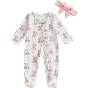 imageKuriozud First Valentines Baby Girl Outfit Newborn Heart Footed Jumpsuit Ruffle Zipper Romper Baby Coming Home OutfitEaster Bunnypink