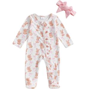 imageKuriozud First Valentines Baby Girl Outfit Newborn Heart Footed Jumpsuit Ruffle Zipper Romper Baby Coming Home OutfitEaster Bunnywhite