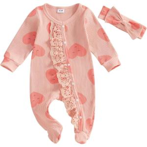 imageKuriozud First Valentines Baby Girl Outfit Newborn Heart Footed Jumpsuit Ruffle Zipper Romper Baby Coming Home OutfitSmiling Lovepink