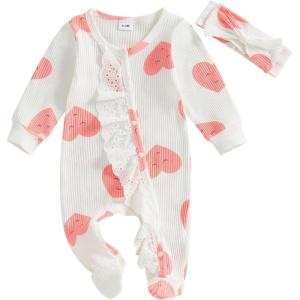 imageKuriozud First Valentines Baby Girl Outfit Newborn Heart Footed Jumpsuit Ruffle Zipper Romper Baby Coming Home OutfitSmiling Lovewhite